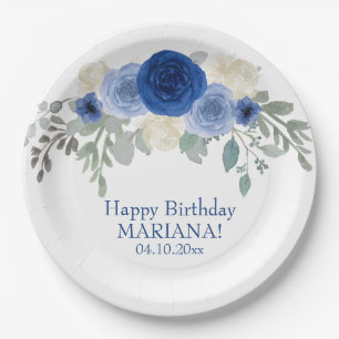 Elegant Floral Navy Blue Floral Birthday Party Paper Plate