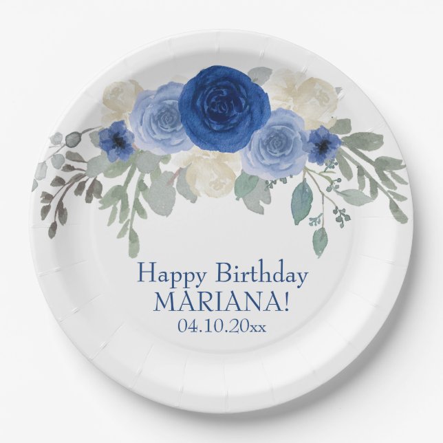 Elegant Floral Navy Blue Floral Birthday Party Paper Plate (Front)