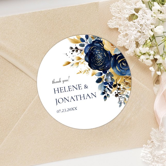 Elegant Floral Navy Blue Gold Terracotta Wedding Classic Round Sticker (Elegant Floral Navy Blue Gold Terracotta Wedding Classic Round Sticker)