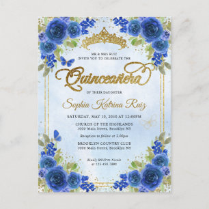 Elegant Floral Navy Blue Gold Tiara Quinceañera Postcard