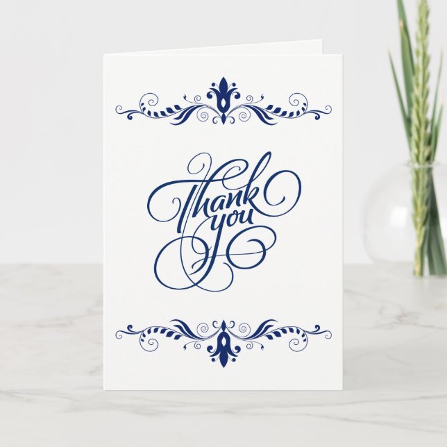 Elegant Floral Navy-Blue Lace Thank You Card (Front)