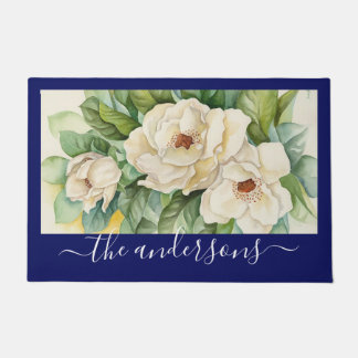 Elegant Floral Navy Blue Magnolia Flowers Name Doormat