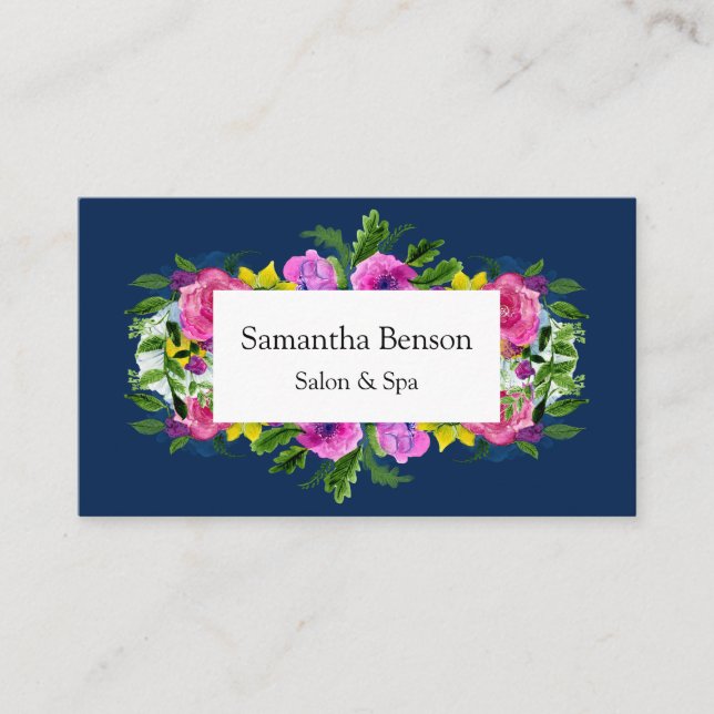 Elegant Floral Navy Blue Radiant Bloom Appointment Card (Front)