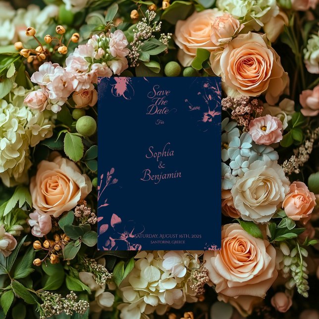 Elegant Floral Navy Blue & Rose Gold Save the Date Invitation (Creator Uploaded)