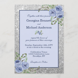 Elegant Floral Navy Blue Silver Sparkle Wedding Invitation