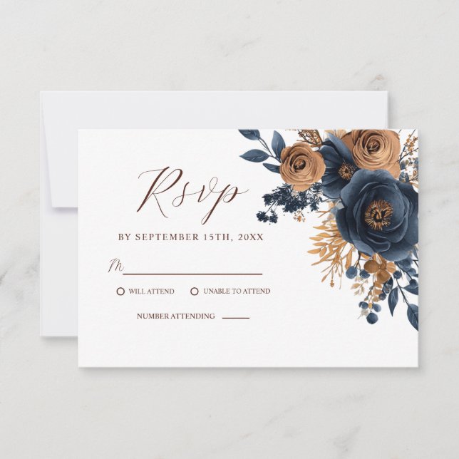 Elegant Floral Navy Blue Terracotta Garden Wedding RSVP Card (Front)