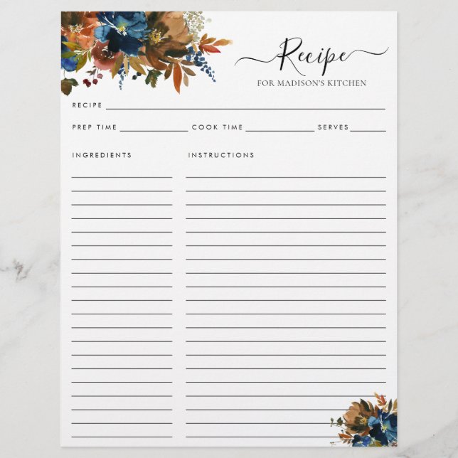 Elegant Floral Navy Blue Terracotta Kitchen Recipe (Front)