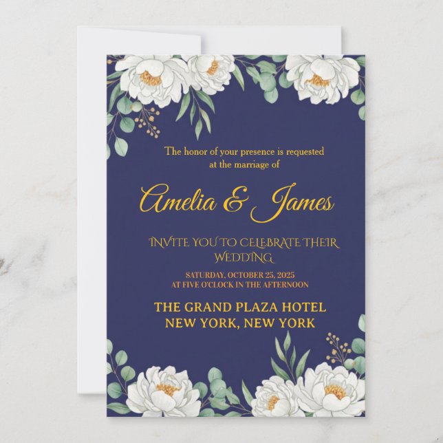 Elegant Floral Navy Blue Wedding Invitation (Front)