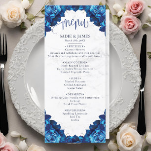 Elegant Floral Navy Blue & White Marble Wedding Menu