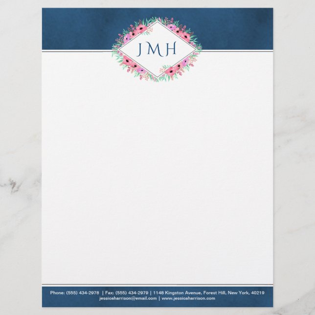 Elegant Floral & Navy Personal Or Business Custom Letterhead (Front)
