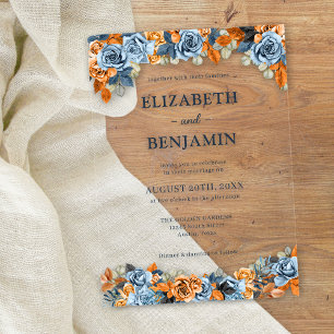 Elegant Floral Navy Rust Dark Terracota Wedding Acrylic Invitations
