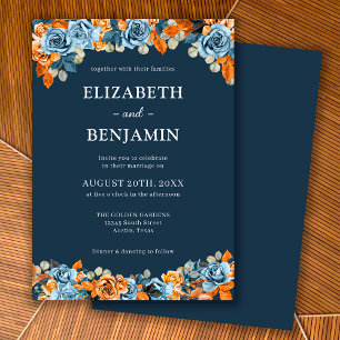 Elegant Floral Navy Rust Dark Terracota Wedding Invitation