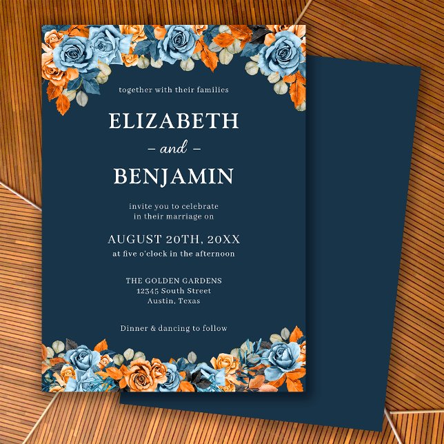 Elegant Floral Navy Rust Dark Terracota Wedding Invitation (Creator Uploaded)