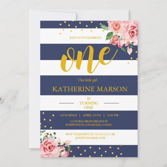 Elegant Floral Navy White Stripes Birthday Party Invitation (Front)
