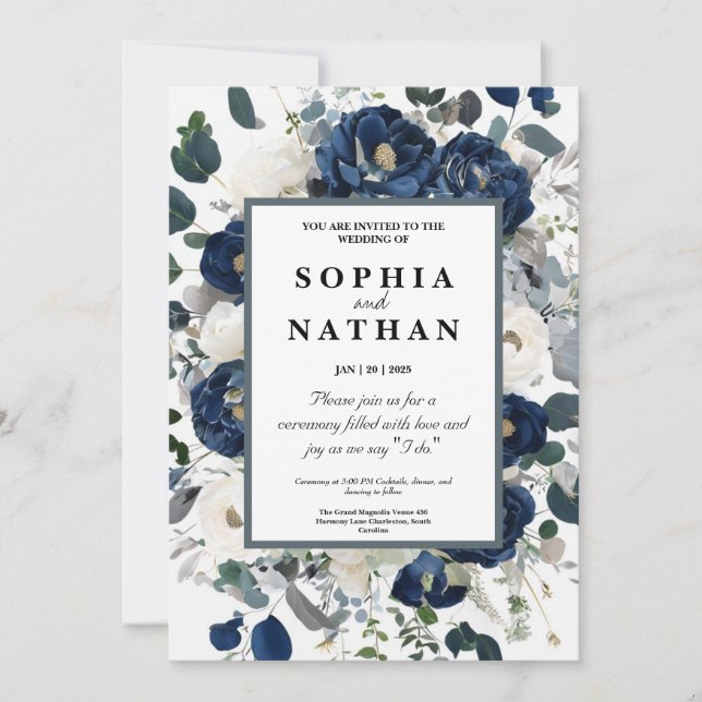 Elegant Floral Navy & White Wedding  Invitation (Front)