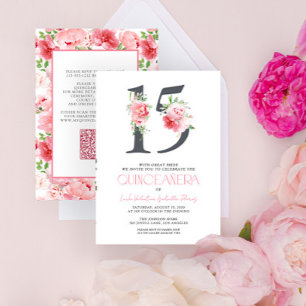 Elegant Floral Number 15 Pink QR Quinceañera Invitation