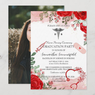 Elegant Floral Nursing Graduation Invitation Red