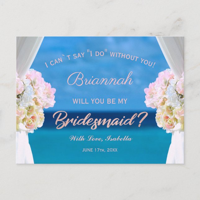 Elegant Floral Ocean Beach Rosegold Bridesmaid Invitation Postcard (Front)