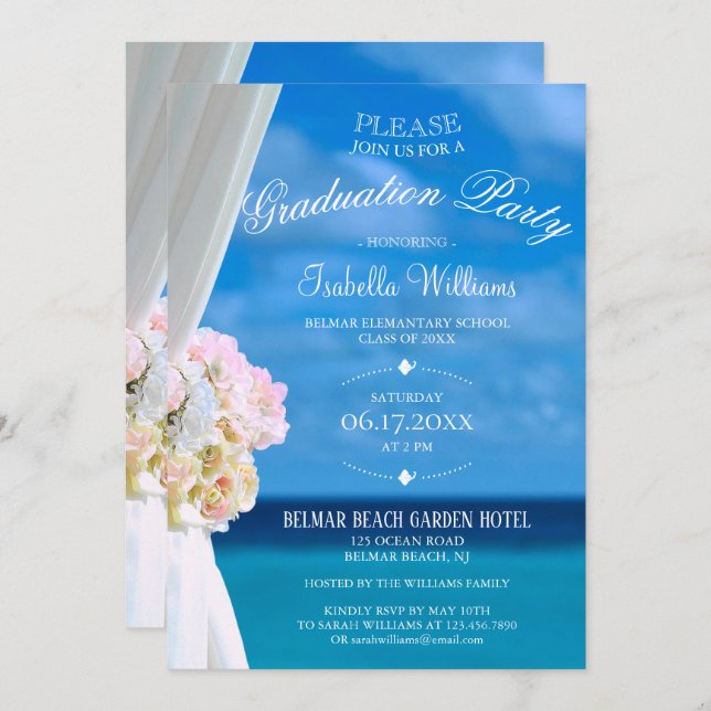 Elegant Floral Ocean Beach Summer Graduation Party Invitation (Front/Back)