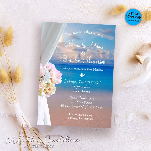 Elegant Floral Ocean Beach Summer Sunset Wedding Invitation (Creator Uploaded)