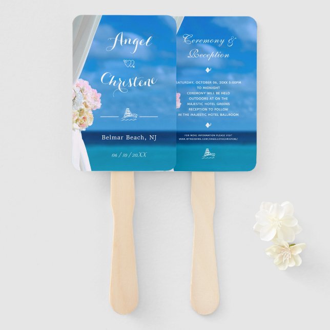 Elegant Floral Ocean Beach Summer Wedding Hand Fan (Front and Back)