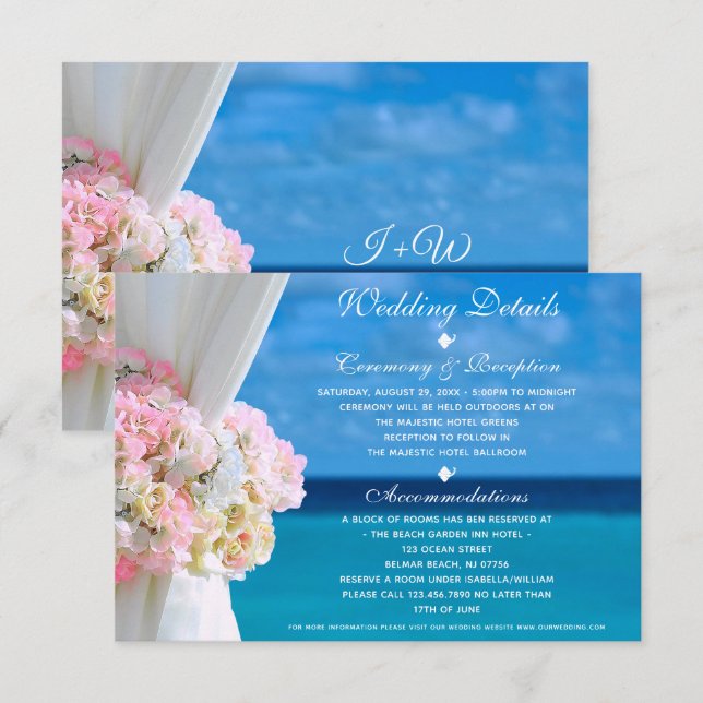 Elegant Floral Ocean Beach Wedding Details Card (Front/Back)