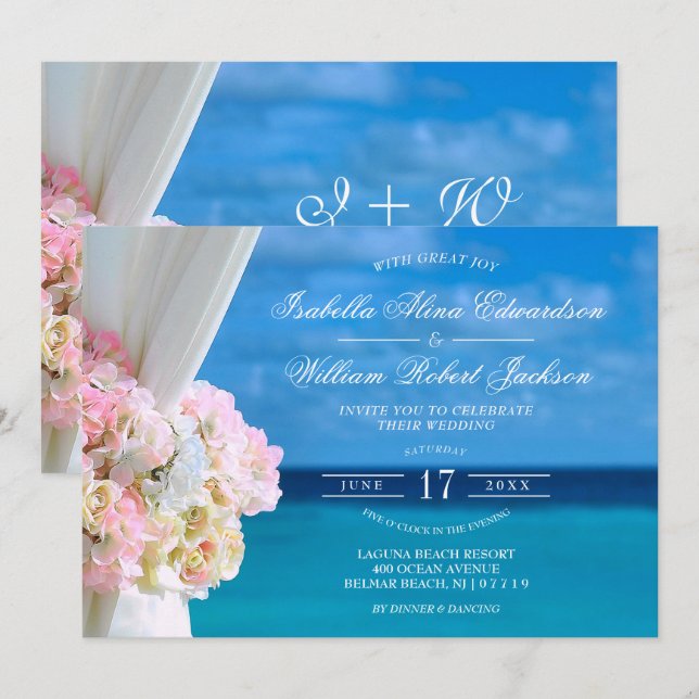 Elegant Floral Ocean Beach Wedding Invitation (Front/Back)