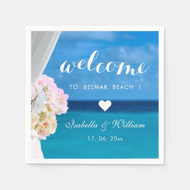 Elegant Floral Ocean Beach Wedding Welcome Napkin (Front)
