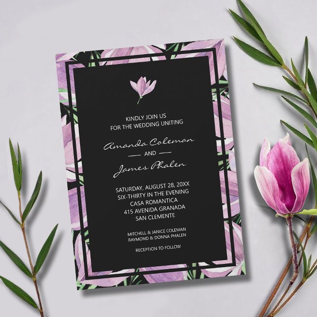 Elegant Floral on Black Wedding Invitation (Elegant purple and white magnolias wedding invitations - INSTANT DOWNLOAD and/or PRINTED)
