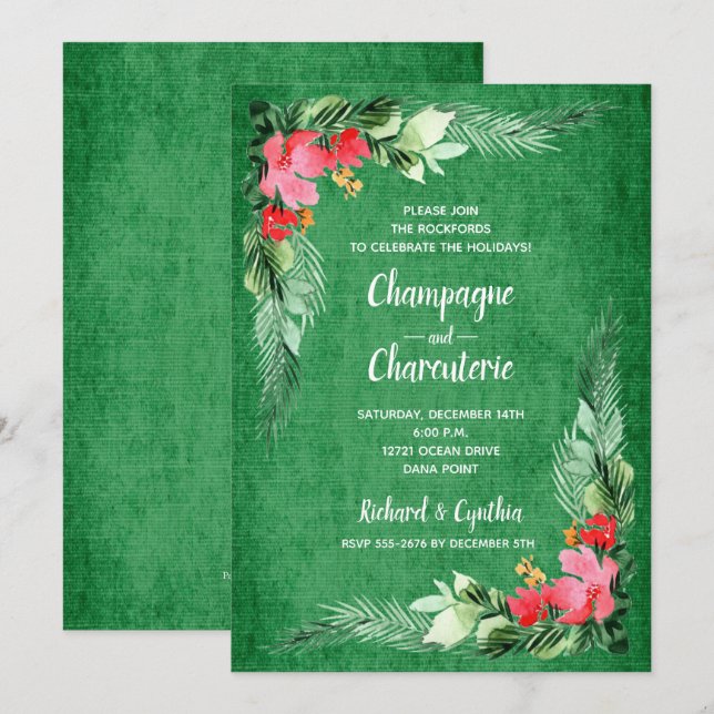 Elegant Floral on Green Christmas Invites (Front/Back)
