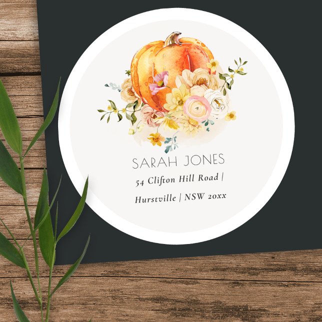 Elegant Floral Orange Autumn Pumpkin Address Classic Round Sticker (Creator Uploaded)