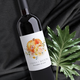 Elegant Floral Orange Autumn Pumpkin Wedding Wine Label