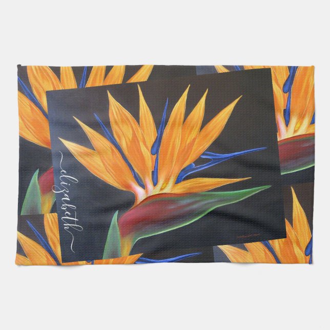 Elegant Floral Orange Bird Of Paradise Name Script Tea Towel (Horizontal)