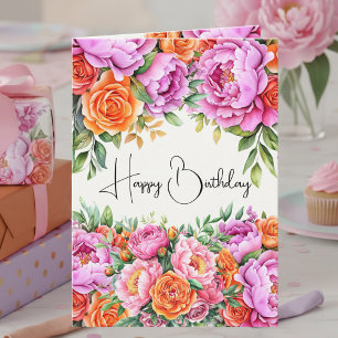 Elegant Floral Orange Pink Peonies Happy Birthday Card