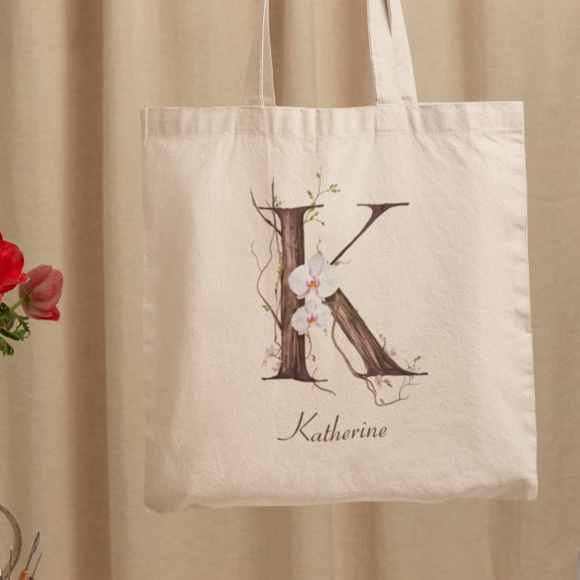 Elegant Floral Orchid 'K' Custom Name Monogram Tote Bag (Creator Uploaded)