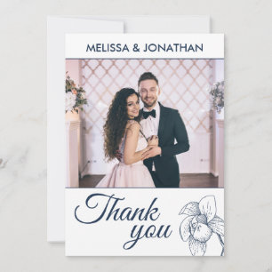 Elegant floral orchids line drawing wedding photo thank you card