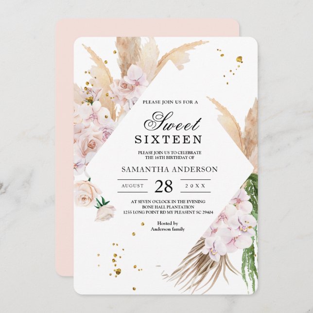 Elegant Floral Orchids & Pampas Beauty Frame Invitation (Front/Back)