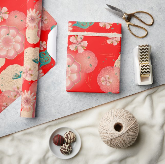 Elegant Floral Ornament Spring Peach Garden Wrapping Paper (Crafts)