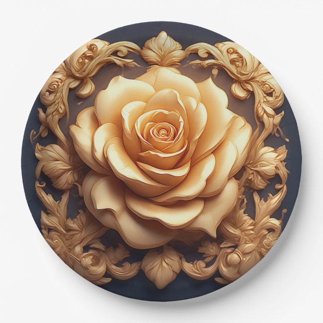 Elegant Floral Ornament With Golden Accents Paper Plate (Front)