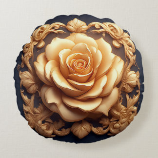 Elegant Floral Ornament With Golden Accents Round Cushion