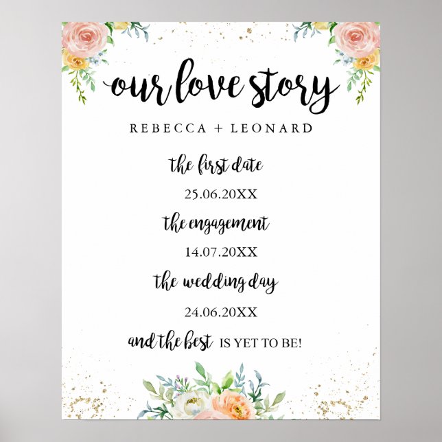 Elegant floral our story timeline sign for wedding (Front)