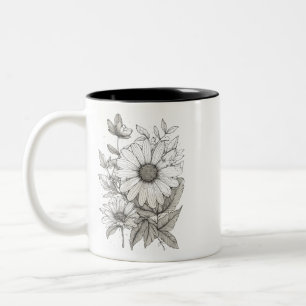 Elegant Floral Outline Art - Two-Tone Mug (11 oz)