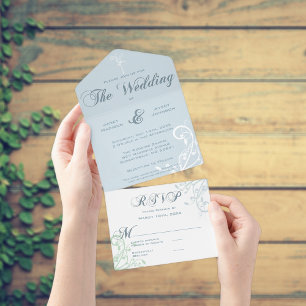 Elegant Floral Pale Light Blue Wedding All In One Invitation