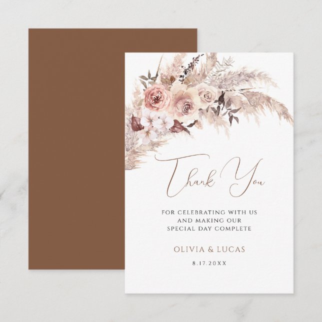 Elegant Floral Pampas Boho Terracotta Wedding Thank You Card (Front/Back)