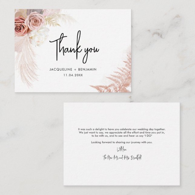 Elegant Floral Pampas Grass Wedding Thank You Card (Front/Back)