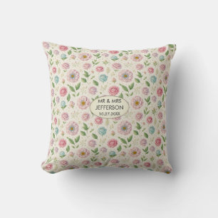 Elegant Floral Pastel Customised Wedding Name Date Cushion