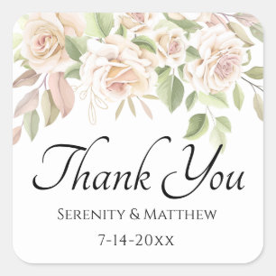 Elegant Floral Pastel Pink Rose Wedding Thank You Square Sticker