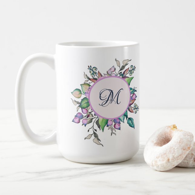 Elegant Floral Pastel Watercolor Monogram Coffee Mug (With Donut)
