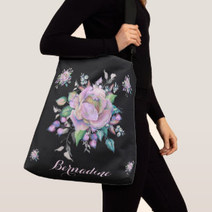 Elegant Floral Pastel Watercolor Personalise Black Crossbody Bag