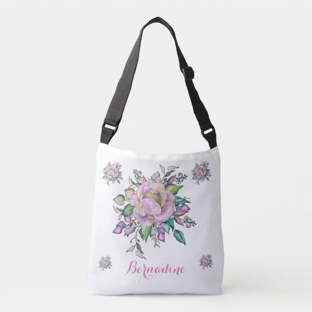 Elegant Floral Pastel Watercolor Personalise Crossbody Bag (Front)